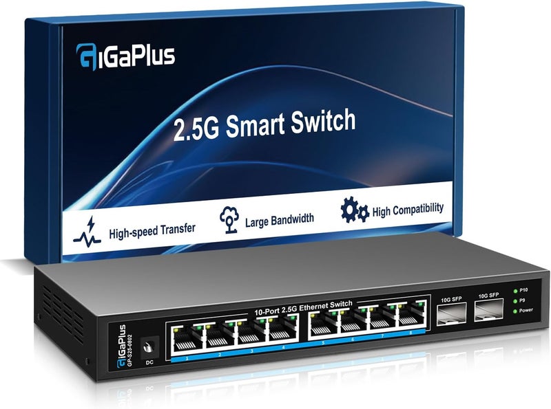GigaPlus 10 Port 2.5Gb Unmanaged Ethernet Switch with 8* 2.5G Base-T Ports, 2* 10G SFP+ Ports. 2.5Gbps Network Switch for 2.5Gbps NAS/PC, WiFi6 Router, Wireless AP. Fanless Design, Plug and Play - Image 1